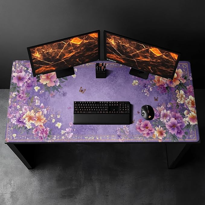 Extra Large Floral Mouse Pad‌ 48 x 24 - Beautiful Flower &amp Butterfly Design XXXL Desk Mat with Non-Slip Base Violet Mousepad Comfortable Keyboard Mat for Gaming &amp Work