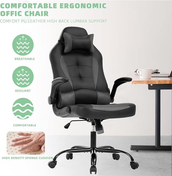 Video Game Chair PC Gaming Chair Racing Gamer Chair Home Office Chair Adjustable Computer Chair Ergonomic Chair with Lumbar Support Headrest Flip Up Arms for Women Men Teens