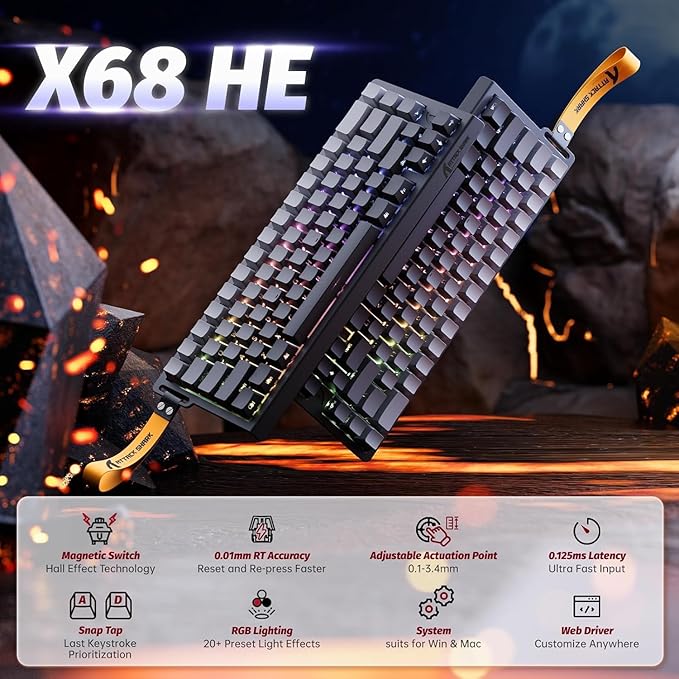 ATTACK SHARK X68 HE 8KHZ Rapid Trigger Keyboard Magnetic Switch0.01 mm RT AccuracyWired RGB 60% Gaming Keyboard TKL with Adjustable ActuationSnap TapCoiled Cablefor PC/Mac(Moon Night)