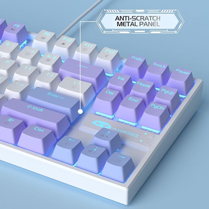 MageGee 75% Mechanical Gaming Keyboard Red Switch LED Blue Backlit 87 Keys Compact TKL Wired Computer Keyboard for Windows Laptop PC Gamer - White/Purple