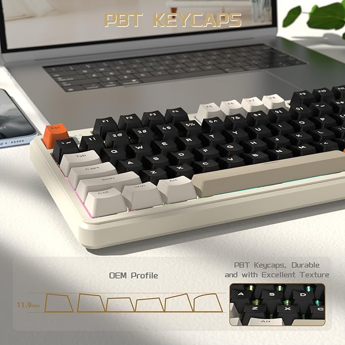 ATTACK SHARK X87 80% Wireless Mechanical Keyboard&ampColored KeycapsHot-Swap Gasket RGB Backlit 4000mAhPre-lubed Linear Switch PBT Keycap BT/2.4G/USB-C Gaming Keyboard for PC/MAC-Black(White&amp8