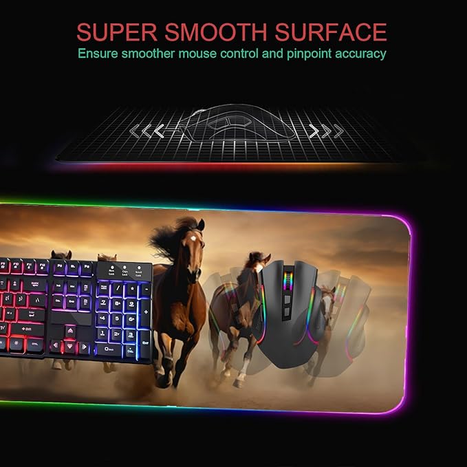 RGB Gaming Mouse Pad with Coffee Coaster XXL Large Glowing LED Mousepad Anti-Slip Rubber Base Computer Keyboard Desk Mouse Mat 31.5 X 11.8 Inch - Galloping Horse