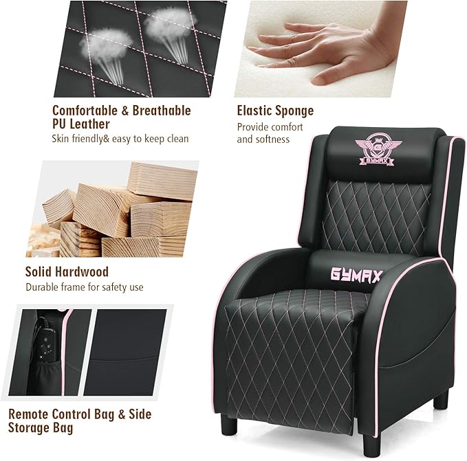 POWERSTONE Gaming Chair Recliner with Footrest Breathable PU Leather Massage Recliner - Ergonomic Sofa Computer Chair with Lumbar Support Headrest and Side Pouch for Living Room Home TheaterPink