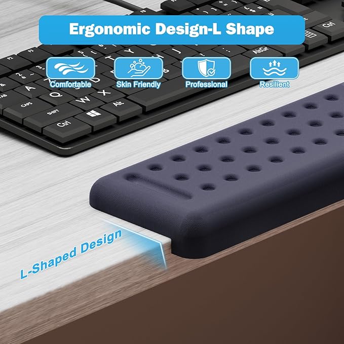 Leolee L-Shaped Desk Long Wrist Rest Elbow 60CM Deep Blue Memory Foam Arm Rest for Desk with Non-Slip Base Ergonomic Desk Edge Cushion Wrist Support for Computer Keyboard Typing Office Home