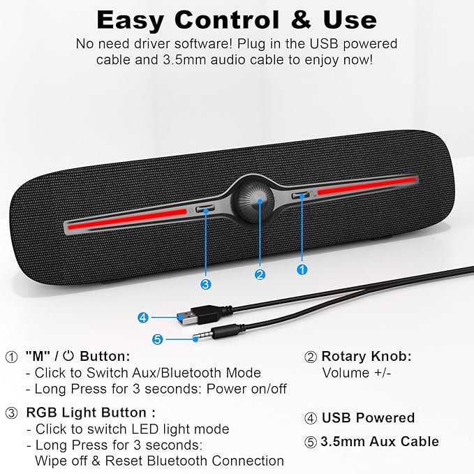 SOULION Computer Speakers for Desktop USB Powered Bluetooth PC Speaker with LED Light 3.5mm Aux Soundbar with Rotary Volume Control Button for Laptop Monitor Office Music Game Gray