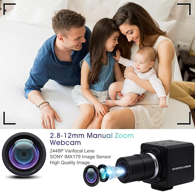 8MP USB Camera with Zoom 2.8-12mm Lens Webcam Variable Focus PC Camera Mini UVC USB2.0 USB with Camera for Computer IMX179 Manual Zoom Close-up Camera Varifocal Web Camera for Raspberry Pi Laptop