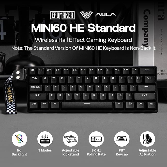 EPOMAKER Aula MINI60 HE Hall Effect Gaming Keyboard 2.4GHz/BT 8K Hz Polling SOCD &amp DKS Adjustable Actuation &amp Fast Trigger PBT Keycap 60% Wireless Mechanical Keyboard for Win/Mac (Standa