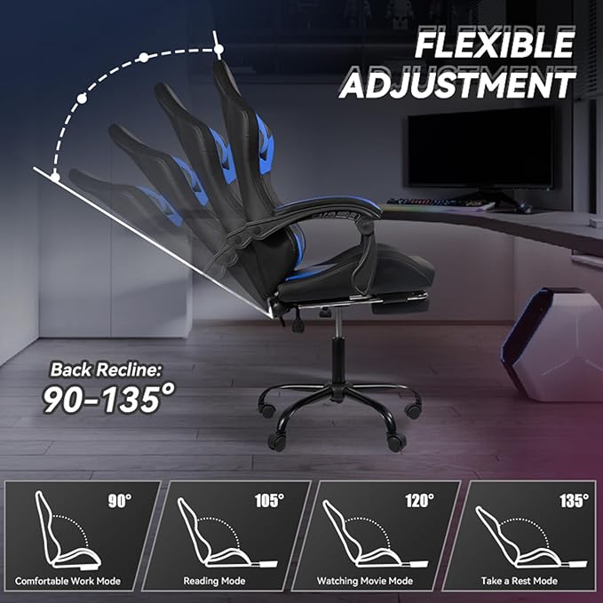 Gaming Chair Computer Chair with Footrest and Lumbar Support &amp LED Height Adjustable Game Chair with 360°-Swivel Seat and Headrest and for Office or Gaming (Black-Blue)