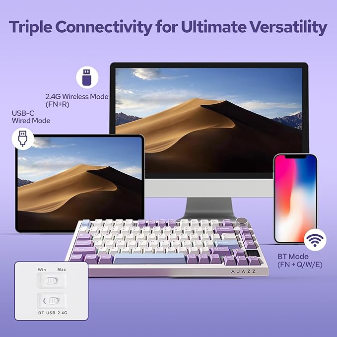 EPOMAKER Ajazz AK820 Pro 75% Wireless Mechanical Keyboard with TFT Smart Display&ampKnob Gasket-Mounted Gaming Keyboard BT/2.4GHz/USB-C Wired (Purple Flying Fish Switch)