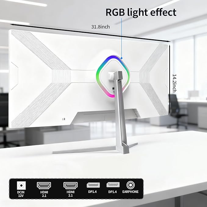 ZZA 34'' Gaming Monitor-165Hz/180Hz WQHD (3440x1440P) Ultrawide 34 White Curved MonitorFreeSync for Tear-Free Gaming100% sRGB HDMI 2.1 &amp DP 1.4PBP ModeWall Mountable