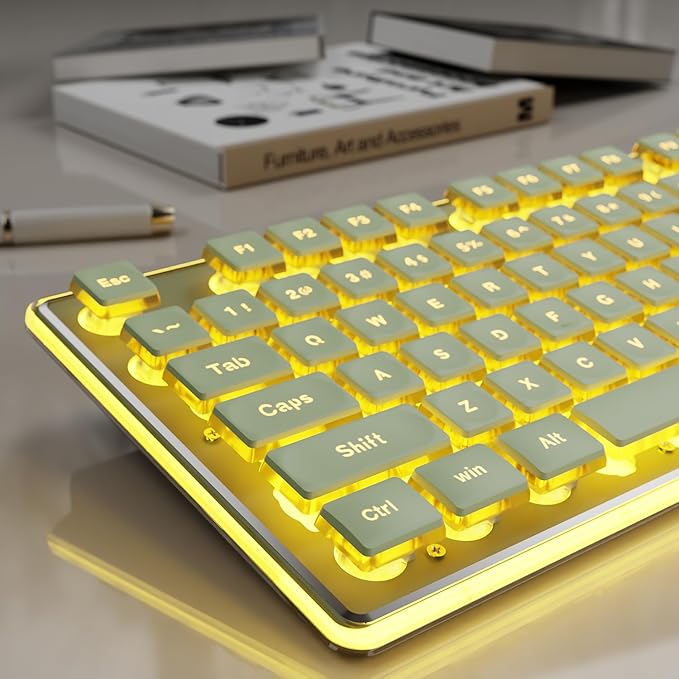 EWEADN GX710S Backlit Computer Keyboards Wired USB Keyboard with Warm Backlit Metal Panel Plug and Play Pudding Keycaps Full Size Quite Computer Keyboard for Win/PC/Laptop-Green