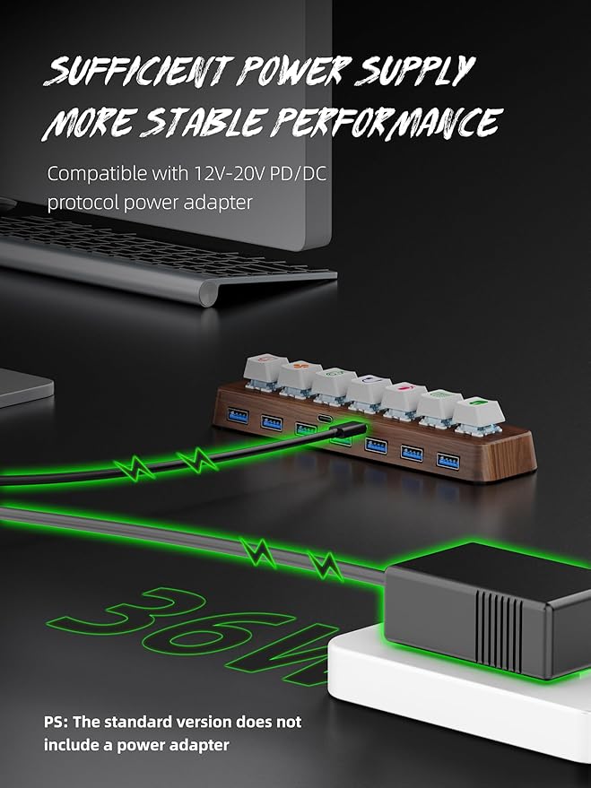 7-Port USB 3.0 Powered Hub RGB Lighting Hot-Swappable Cherry MX Switch Support 5Gbps Speed Includes 12V/2A Power Adapter Walnut Wood Cyberpunk USB Dock-FU0736