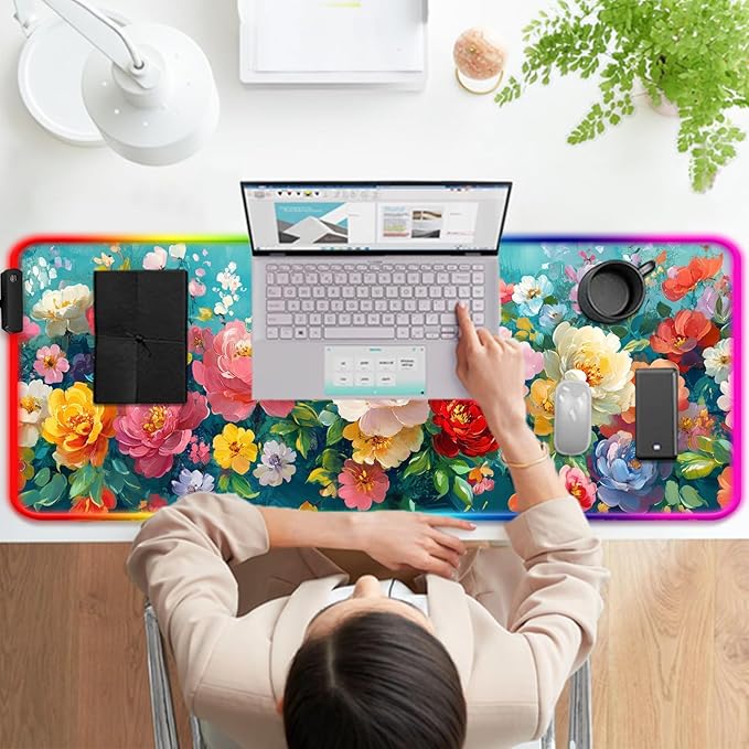 RGB Colorful Flower Peony Gaming Desk Mat Computer Keyboard Large Extended Long Floral LED Mouse Pad for Office and Home XL (W28)