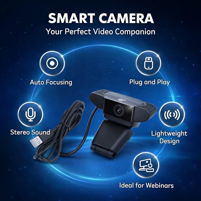 Computer Camera with Microphone Full HD 1080P USB Stereo Webcam Rotatable Clip Automatic Noise Reduction - Clear Video and Audio Easy Setup for Office and Video Conferences