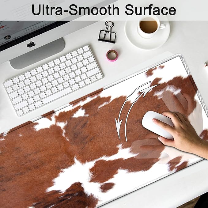 Large Gaming Mouse Pad Extended Waterproof Desk Pad Protector (31.5 x 11.8) Ergonomics Memory Foam Mouse Wrist Rest Supportfor Home Office Laptop Easy TypingBrown White Cowhide Fur XXL Mouse Mat