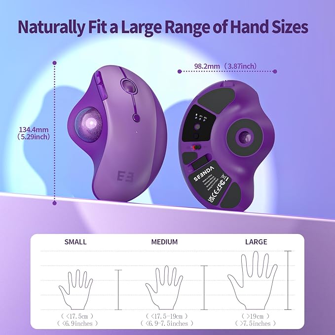 seenda Wireless Trackball Mouse Bluetooth - Ergonomic Rollerball Mouse Rechargeable 3 Device Connection Optical Mice Adjustable DPI Thumb Control Mice Compatible for Mac/Android/Windows - Purple