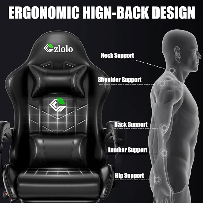 Gaming Chair Ergonomic Office Computer Chair with Footrest and Lumbar Support Massager Racing Style High Back Video Gamer Chair Wide＆Thick Cushion 90°-135° Recline Adjustable Height Black