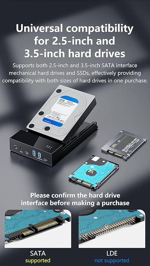 External Hard Drive Enclosure for 3.5 2.5 Inch SATA SSD HDD USB 3.0 to SATA Hard Drive Docking Station 2A1C Multi-Port Hub with 12V/2A Power Adapter Support Up to 20TB UASP Trim Black