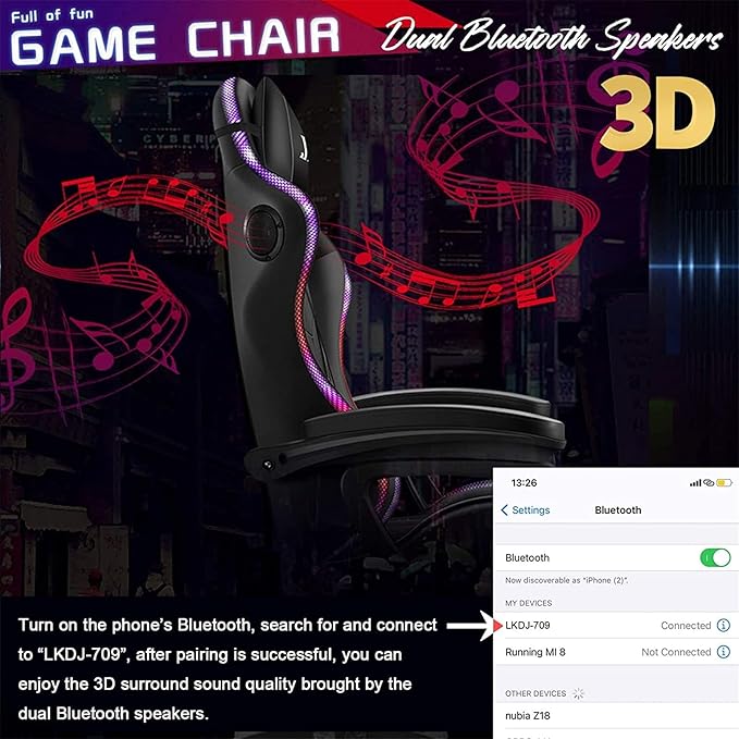 Gaming Chair with RGB LED Lights Ergonomic Massage Computer Gaming Chair with Footrest and Bluetooth Speakers High Back Video Game Chair with Swivel Seat Headrest and Lumbar SupportRed