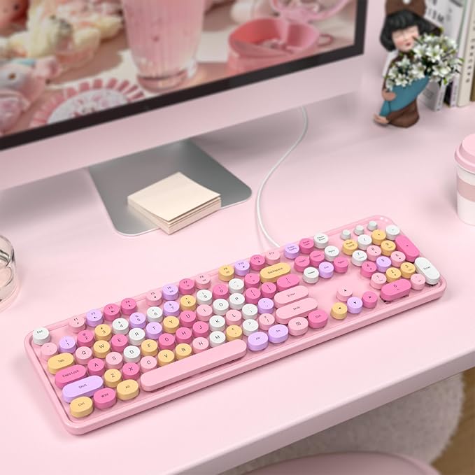 Colorful Computer Keyboards Wired USB Plug and Play Full Size Typewriter Keyboard Cute Aesthetic Keyboard with Foldable Stands for Windows PC Laptop (Pink)