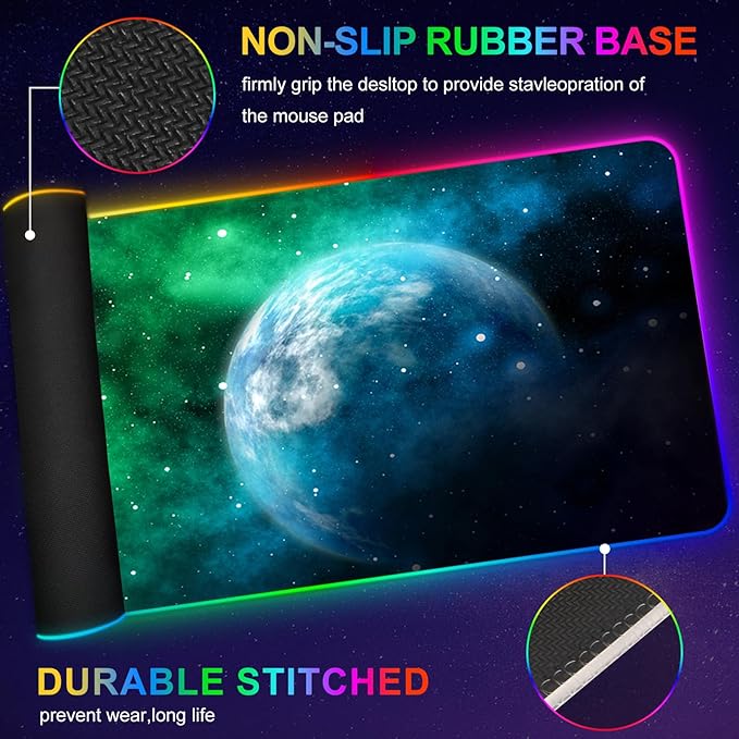 ARTSO Large RGB Gaming Mouse Pad Led Big Mouse mat with 14 Light Modes Extended Soft Computer Keyboard Mat Non-Slip Rubber Base Green Planet Nebula