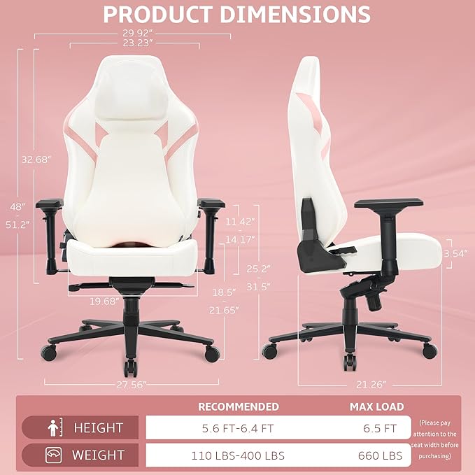 Ergonomic Gaming Chair Computer Desk Chairs 4D Armrests High Back Office Chair with Headrest &amp Lumbar Pillow Tilt Rocker Recliner Heavy-Duty Base White PU Leather &amp Pink Suede Comb