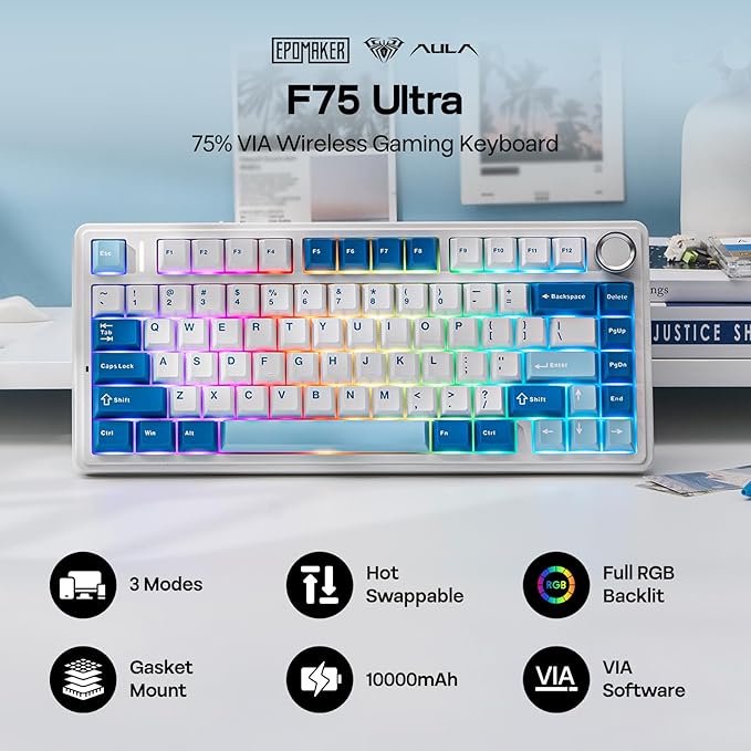 EPOMAKER x Aula F75 Ultra Wireless Gaming Keyboard with Knob 10000mAh Hot Swap RGB PBT Keycap Creamy Sound VIA 75% Mechanical Keyboard for Win/Mac (Blue Pink Mint)