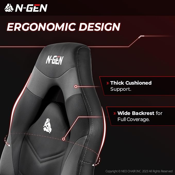 N-GEN Video Gaming Chair Ergonomic Computer Desk Office Chair with Lumbar Support Adjustable Height Swivel Wheels Flip-Up Arms PU Leather Home and Office (Grey)