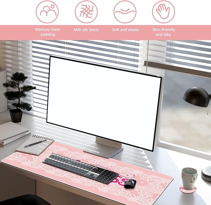 DINKY Pink Mouse Pad with Wrist Rest Desk Pad for Keyboard and Mouse Ergonomic Mousepad Set Keyboard Wrist Rest with Coaster Desk Mat Combo for Office Home Pink Princess
