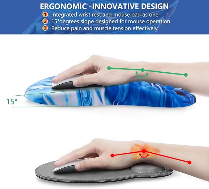Mouse Pad Wrist Support Ergonomic Mouse Pad with Wrist Rest Comfortable Computer Mouse Pad for Laptop Pain Relief Mousepad with Non-Slip PU Base Ocean Blue