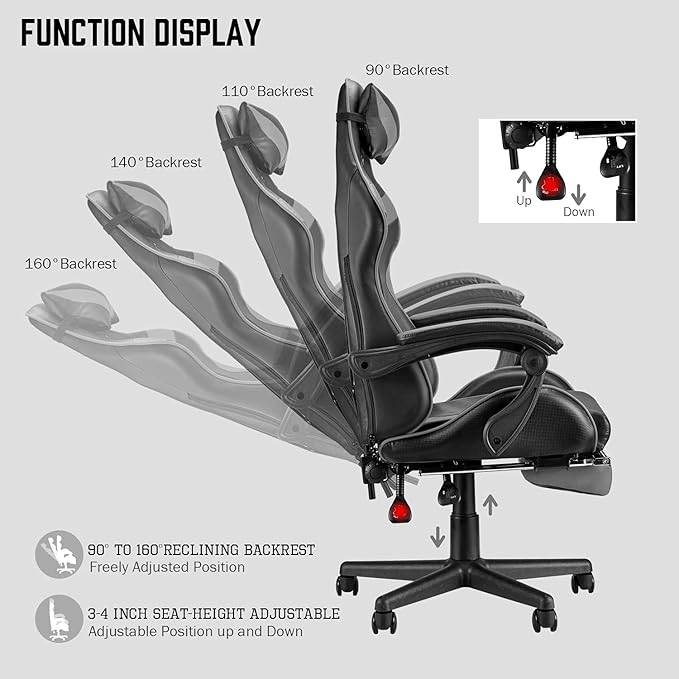 Huracan Gaming Computer Chair with Footrest Adjustable Video Game Chairs for Adults Heavy Duty Office Chair with Headrest and Lumbar Support Grey