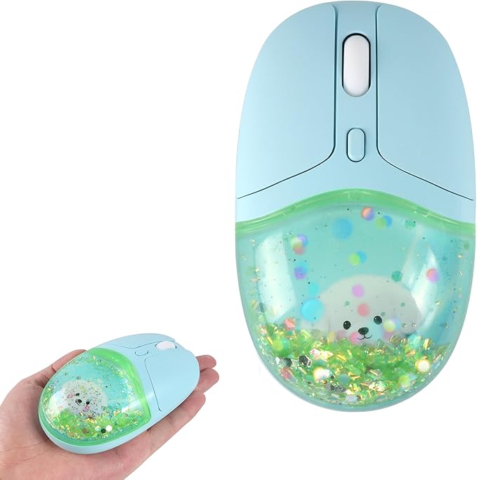 Wireless Mouse with Liquid Quicksand Sequins 2.4GHz &amp Bluetooth Dual Mode Rechargeable Silent Cute Aqua Mouse with LED Light Portable Water Mice for Laptop PC Tablet MacBook Kids Adults Gift (Gree