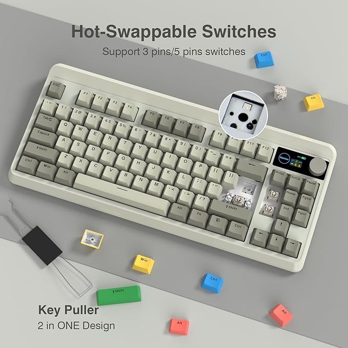 Womier Retro 75% Gaming Keyboard with OLED Display&ampKnob M87 Pro Bluetooth 5.1/2.4GHz /USB-C Wireless Mechanical Keyboard with Hot-Swappable Custom Switch Compact Gamer RGB Keyboard-Grey