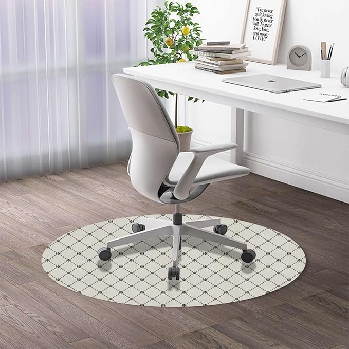 White Grey PU Leather Round Floor Mats for Office Chair Geometric Repeating Dotted Rhombuses Under Computer Desk Floor Protector for Rolling Chairs Non Slip Anti Scratches Modern Diameter 55 in