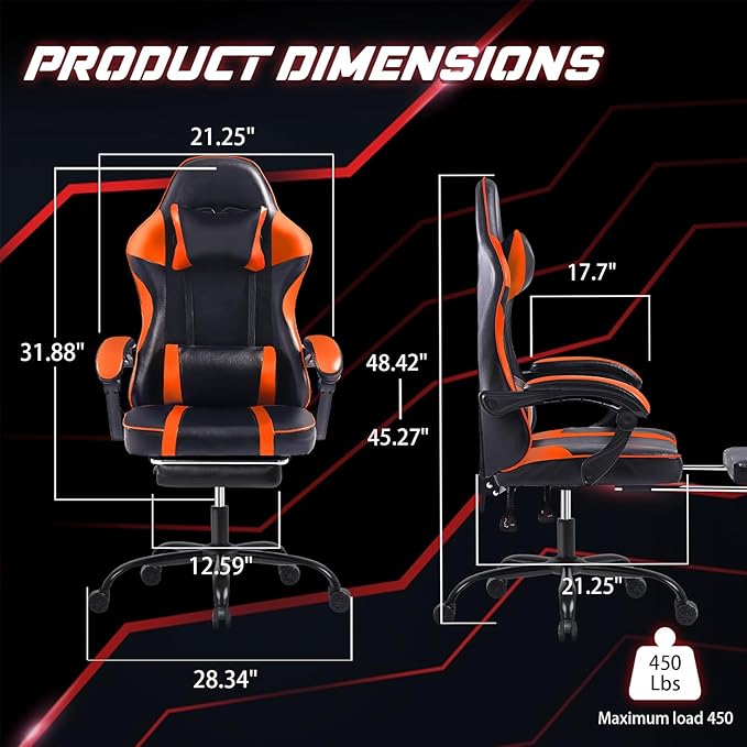 Video Game Chairs for Adults PU Leather Gaming Chair with Footrest 360°Swivel Adjustable Lumbar Pillow Gamer Chair Comfortable Computer Chair for Heavy People Orange