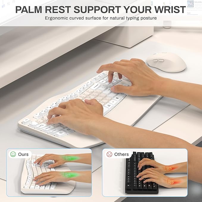 Ergonomic Wireless Keyboard and Mouse Combo Wave Keys Keyboard with Wrist Rest for Natural Typing 3 DPI Adjustable Ergonomic Silent Mouse for Computer/Laptop/Windows/Mac (Latte Color-A)