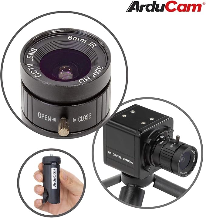 Arducam for Raspberry Pi HQ Camera 12MP IMX477 HQ Webcam with Audio 6mm CS-Mount Lens Metal Enclosure Tripod and USB Cable