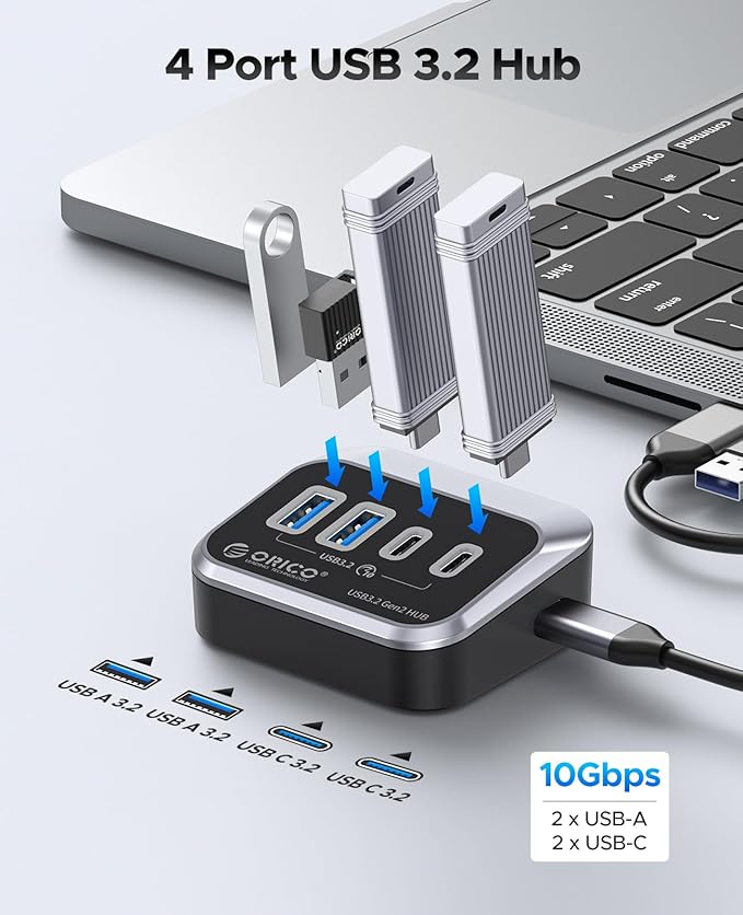 ORICO USB Hub 10Gbps with 2 USB A Ports+2 USB C Ports USB 3.2 Gen 2 Hub with 3.28Ft USB-C-A/C Cable USB Splitter for iMac MacBooks Mac mini