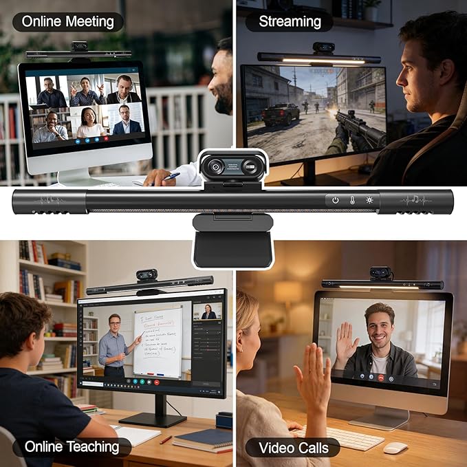 4-in-1 4K Webcam with Microphone and Speaker Noise Cancellation Privacy Cover Auto Light Correction 90° FOV  Plug &amp Play USB Camera with Monitor Light Bar Webcam for PC/Meeting/Online Video