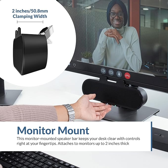 Cyber Acoustics USB &amp Bluetooth Speaker Bar (CA-2890PRO) USB Powered with Speakerphone for PC and Bluetooth for Connection to Smartphones Clamps to Monitors up to 2 Inches Thick 20 Watts