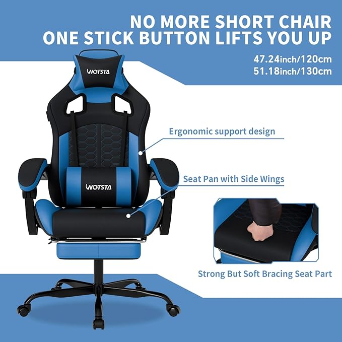 Gaming Chair with Footrest Gaming Chairs PVC Leather Ergonomic Office Gamer Chair Headrest Lumbar Support Racing Style Video Gaming Chair for Office (Black Blue)