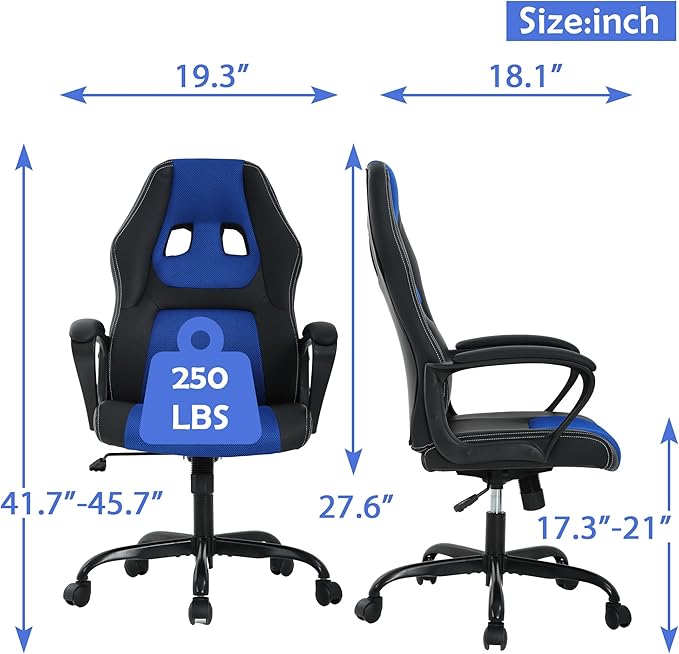 Massage Gaming Chair for AdultsComputer Chair Ergonomic Big and Tall Gaming Chair with MassagerComfortable Gaming Chair Leather Video Gaming Chairs Comfy Computer Chair250Lbs Blue Gaming Chair