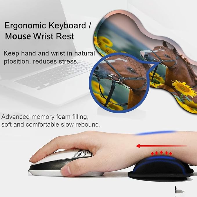 Extended Gaming Mouse Pad 31.5x11.8 Big Desk Mat Ergonomic Memory Foam Keyboard Wrist Rest Support for Home Laptop Office Desk Pad with Non-Slip BaseSunflower &amp Horse Pattern Large Mouse Pad