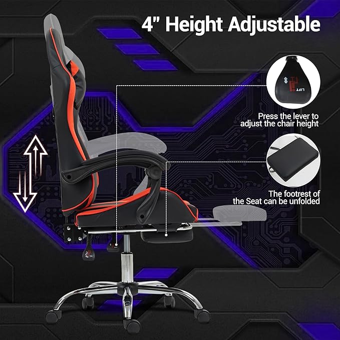 Massage Gaming Chair with FootrestErgonomic Video Game Chair for Adults Kids Adjustable Headrest &amp Lumbar Support 90-135° Recline 360° Swivel for Gaming Room Home Office Bedroom Red