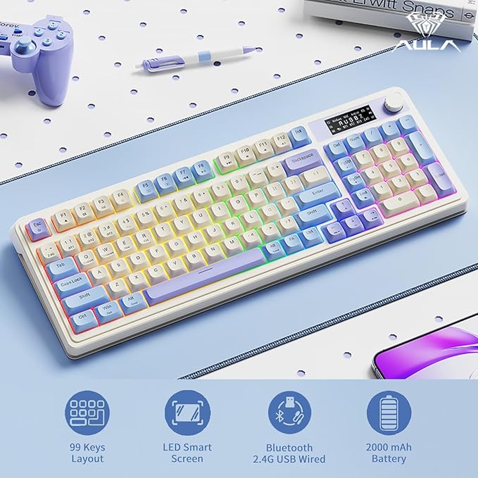 AULA S99 Pro Gaming Keyboard Cute Creamy Keyboard with Number Pad Smart Screen Tri-Mode Bluetooth/2.4G/USB-C Computer Keyboards Media Knob Custom RGB Backlit Feel for MAC Xbox PC Gamer - Purple
