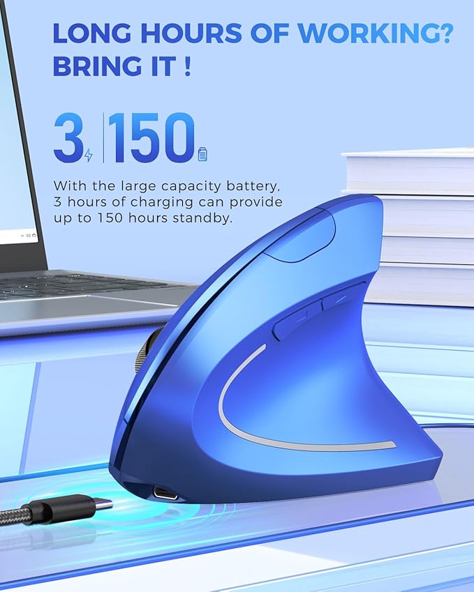 Lekvey Ergonomic Mouse Vertical Wireless Mouse Rechargeable 2.4G USB Optical Carpal Tunnel Mice : 3 DPI 800/1200/1600 Levels 6 Buttons for Laptop PC Mac Computer Desktop Notebook etc Blue