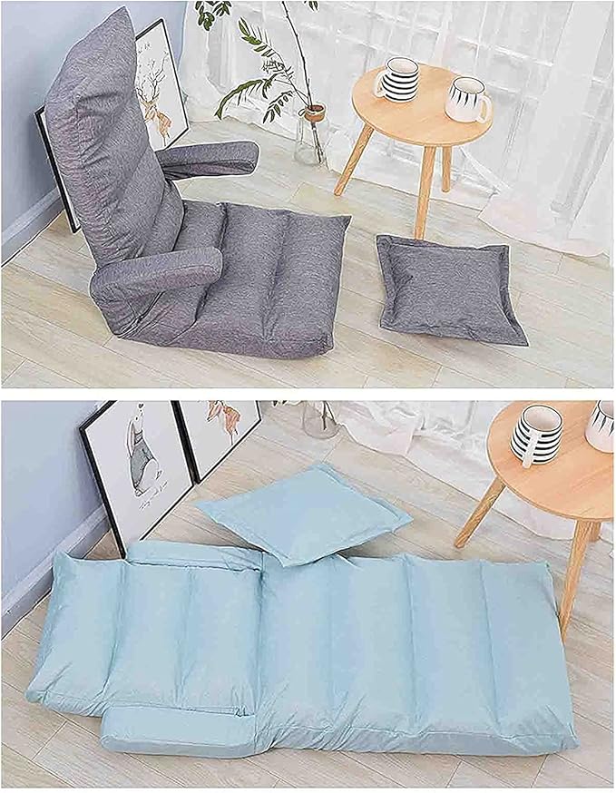 Floor Cushion Folding Bed Chair with Armrest Portable Floor Lounger with Adjustable Back Rest (Color : Blue)