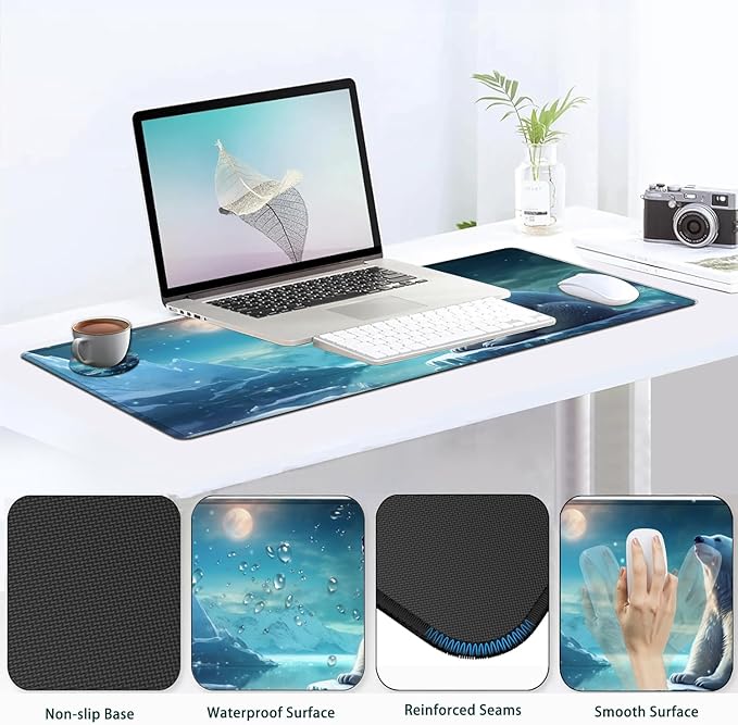 JVGFYNKL Large Gaming Mouse Pad Set Ergonomic Memory Foam Keyboard Wrist Rest Support + Mouse Wrist Rest + Extended Desk Mat with Non-Slip Rubber Base Cute Polar Bear Pattern Desk Pad