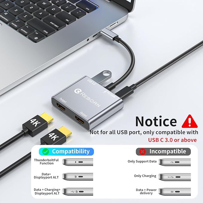 USB C to Dual HDMI Adapter | 4K@60Hz HDMI Splitter Extended Display for Dual Monitors Multi-Monitor Adapter with USB and 100W PD Windows Allows 3 Separate Screens macOS Only Allows Mirror Mode