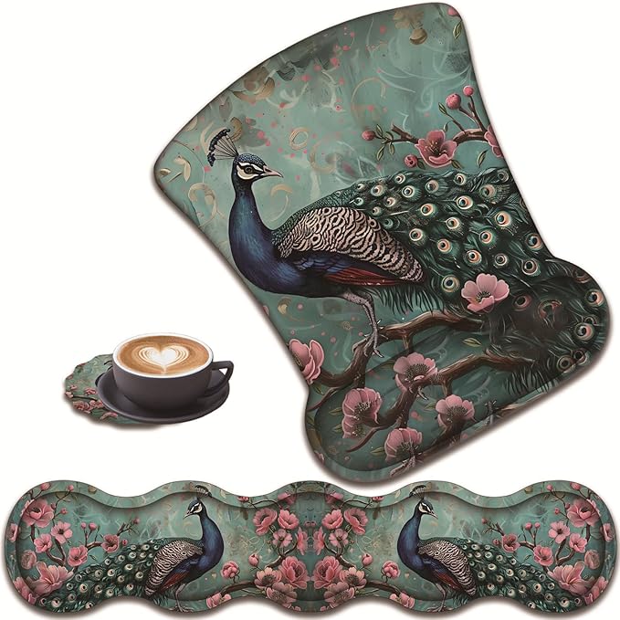 3 in 1 Keyboard Wrist Rest + Mouse Pad and Coaster Ergonomic Gel Mouse Pad and Keyboard Pad Set Comfortable Lightweight for Easy Typing Pain Relie Peacock